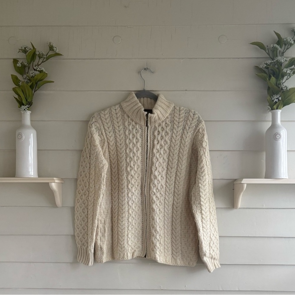 Inis Crafts 100% Merino Wool Irish Aran Zip Sweater | Cream | Medium - Picture 2 of 6